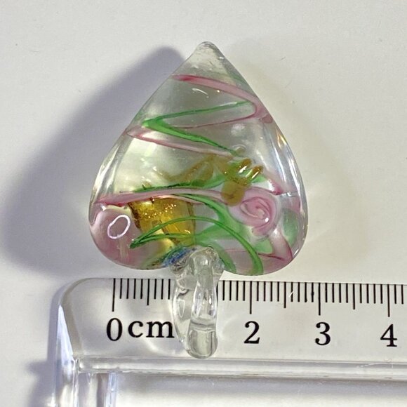 Artisan Hand Blown Glass Swirl Stripe Green Pink HEART Rose Pendant - Picture 6 of 6